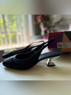 Katy Perry Black Woven Slingback Pumps Size 12 New in Box Metallic Heel -women’s